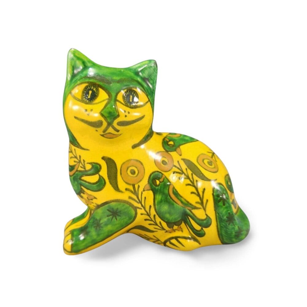 Signed Hand Painted Ceramic Cat w Bird Figurine Sitki Olcar Turkish Ceramicist